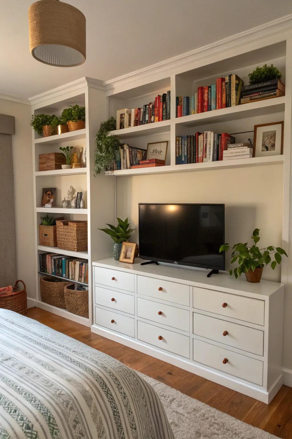 Custom shelving integrates your TV into the bedroom design seamlessly.