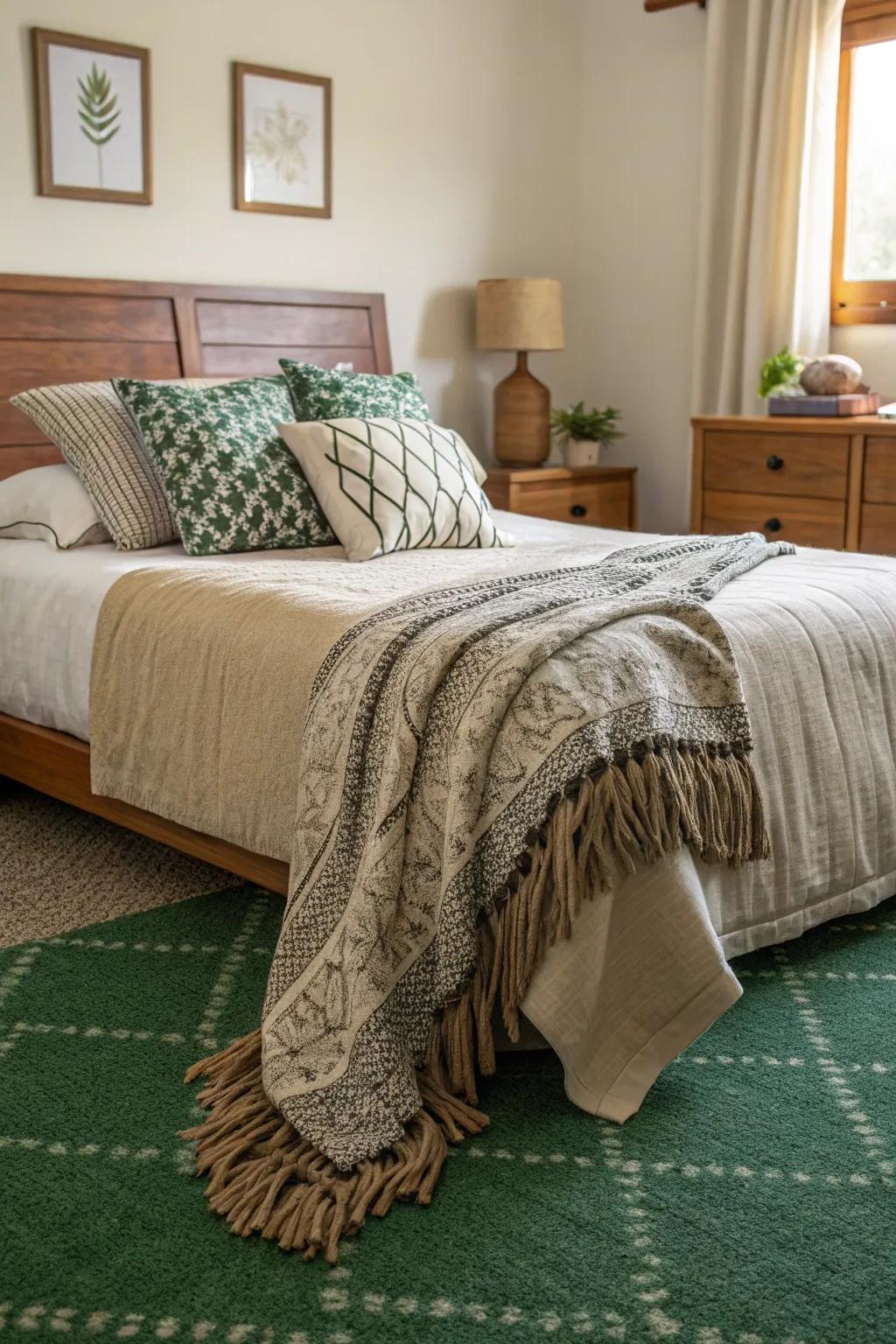 Layered fabrics in bedding enhance the verdant floor covering, increasing depth and interest.