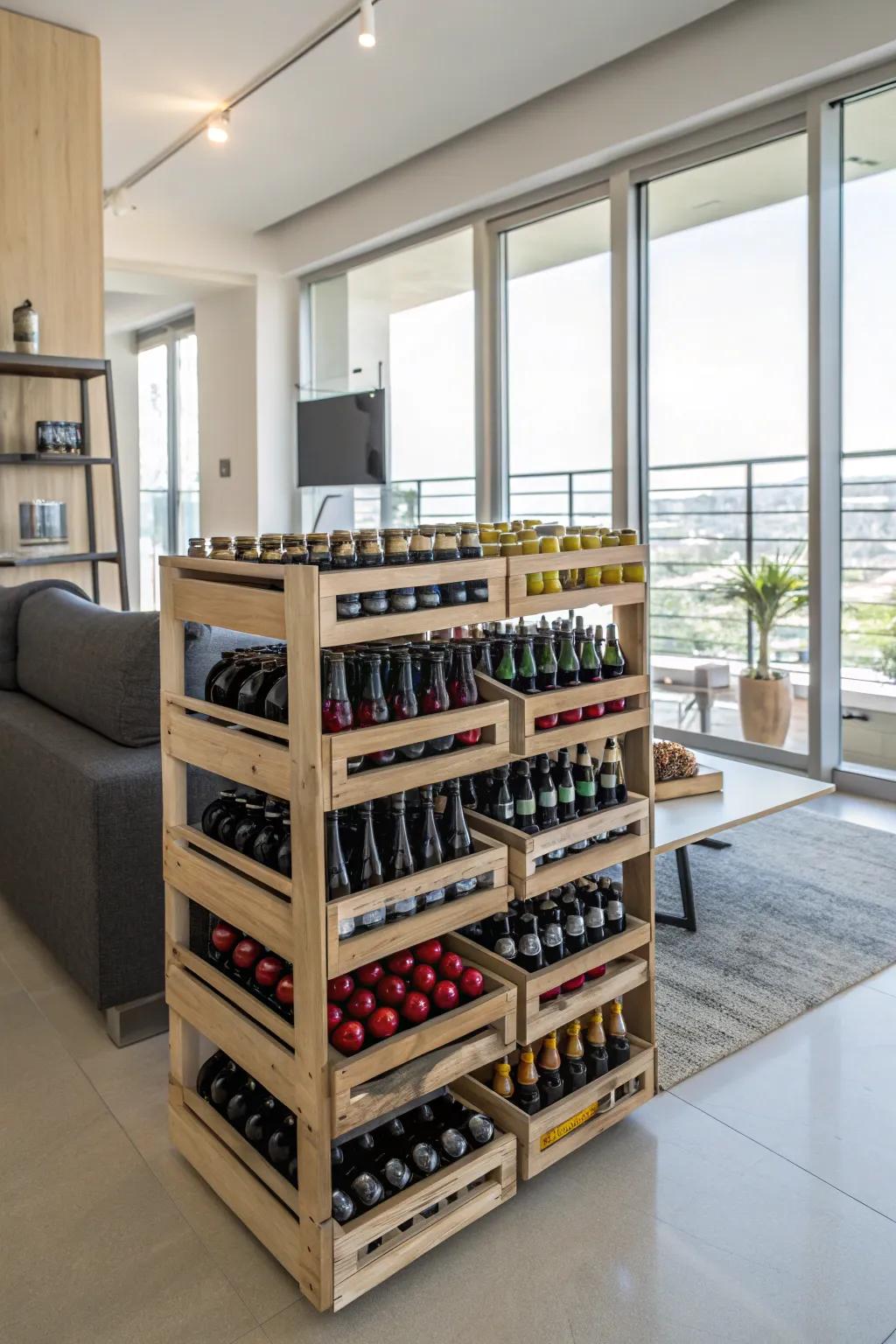 Multi-tiered bottle holders filled with beer bottles in a modern flat setting.
