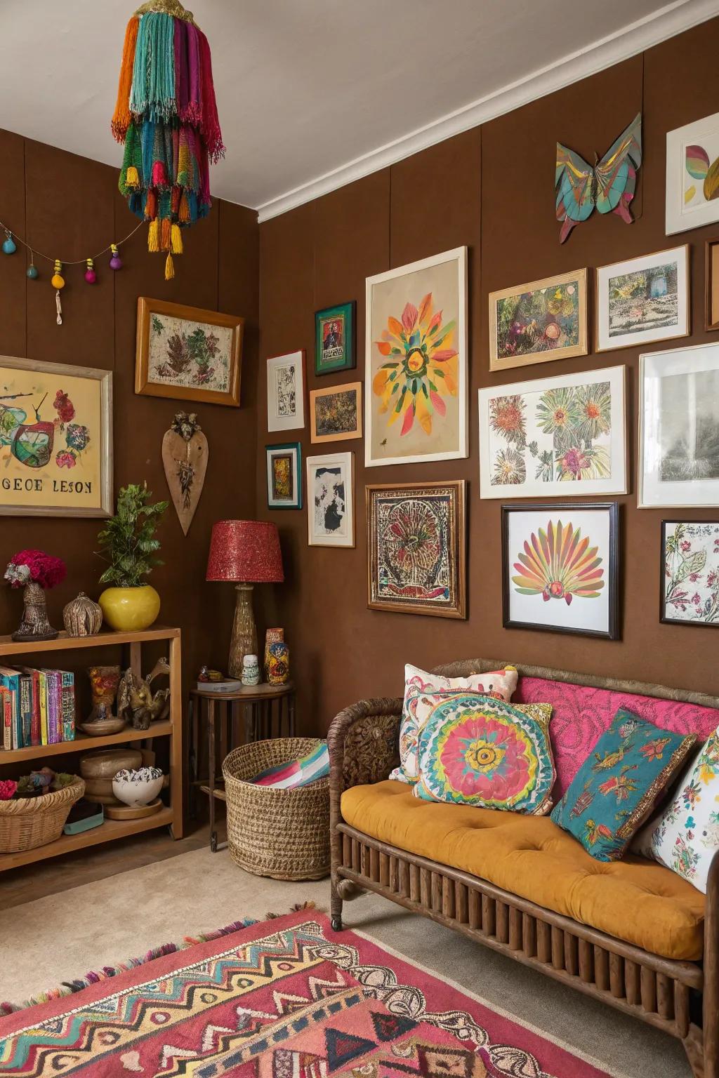 An artistic haven using cocoa walls which improve vibrant artworks.