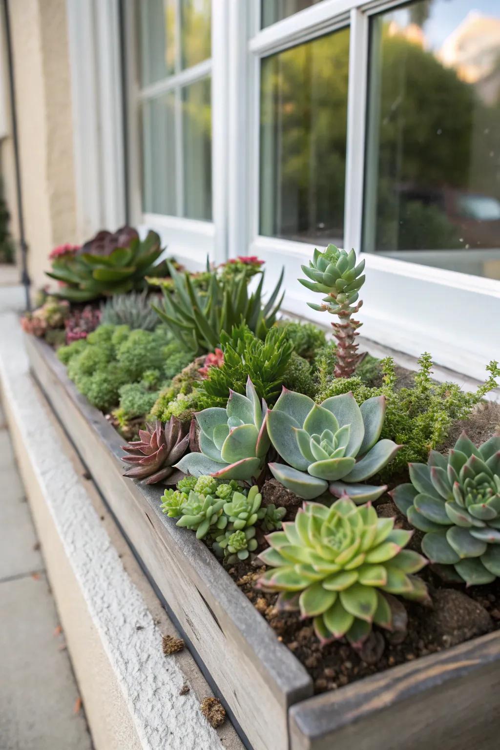 Evergreen Gems bring a modern feel to window box design.