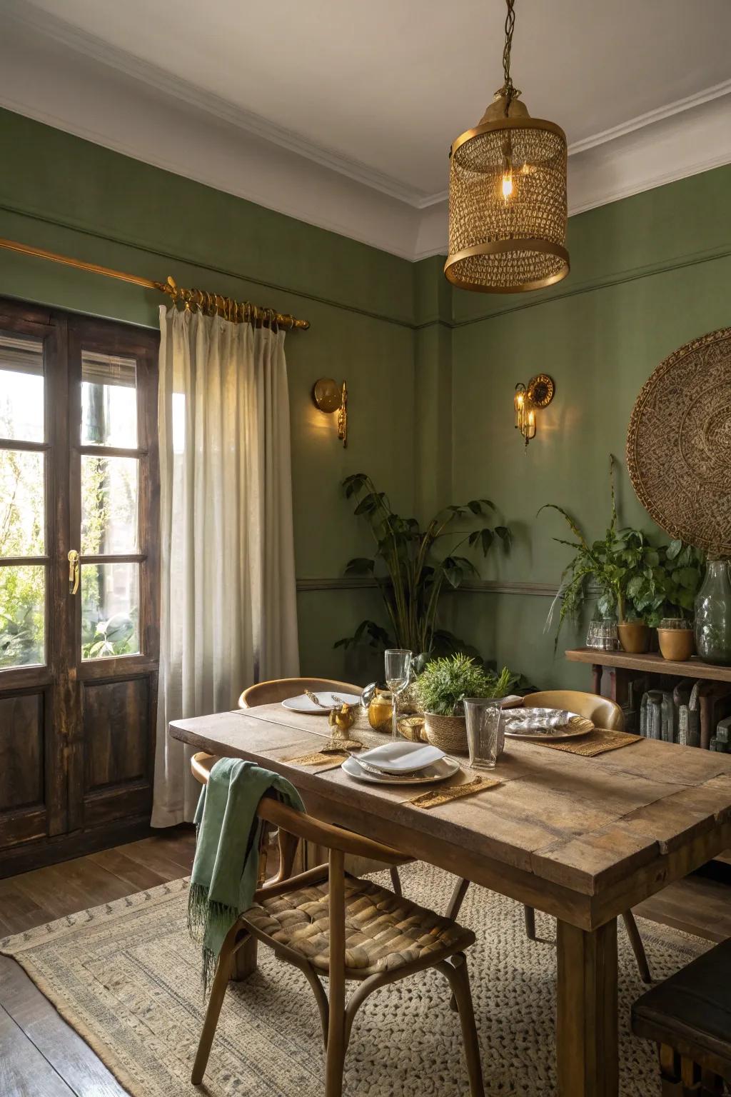 Elegant dining space featuring olive green walls.