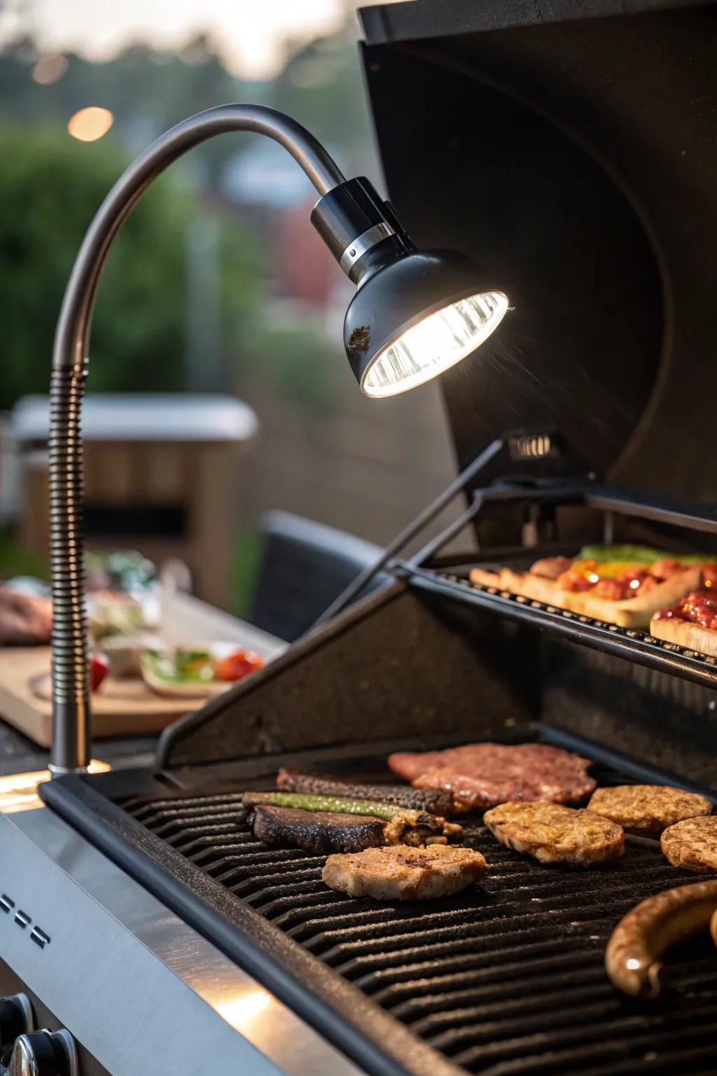 Gooseneck lights offer modifiable lighting for precise grilling.