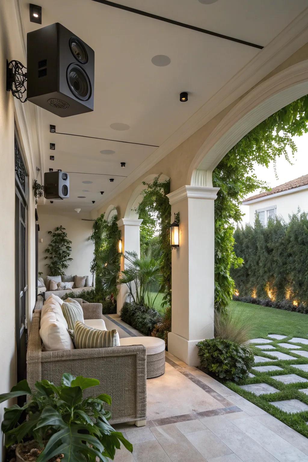 Wall-mounted speakers provide a sleek, permanent audio solution for patios.