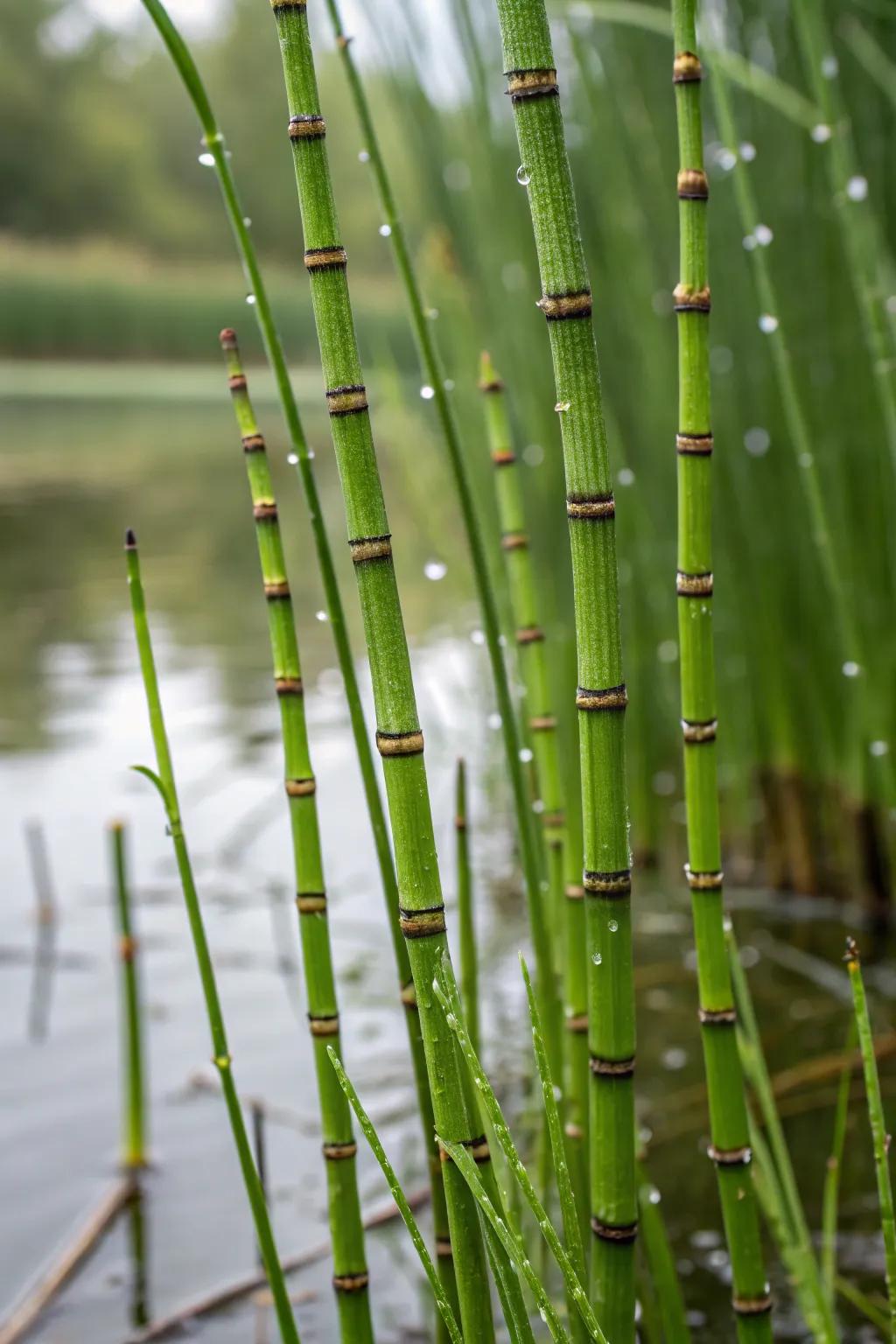 Jointed rush offers captivating sculptural intrigue to pond settings.
