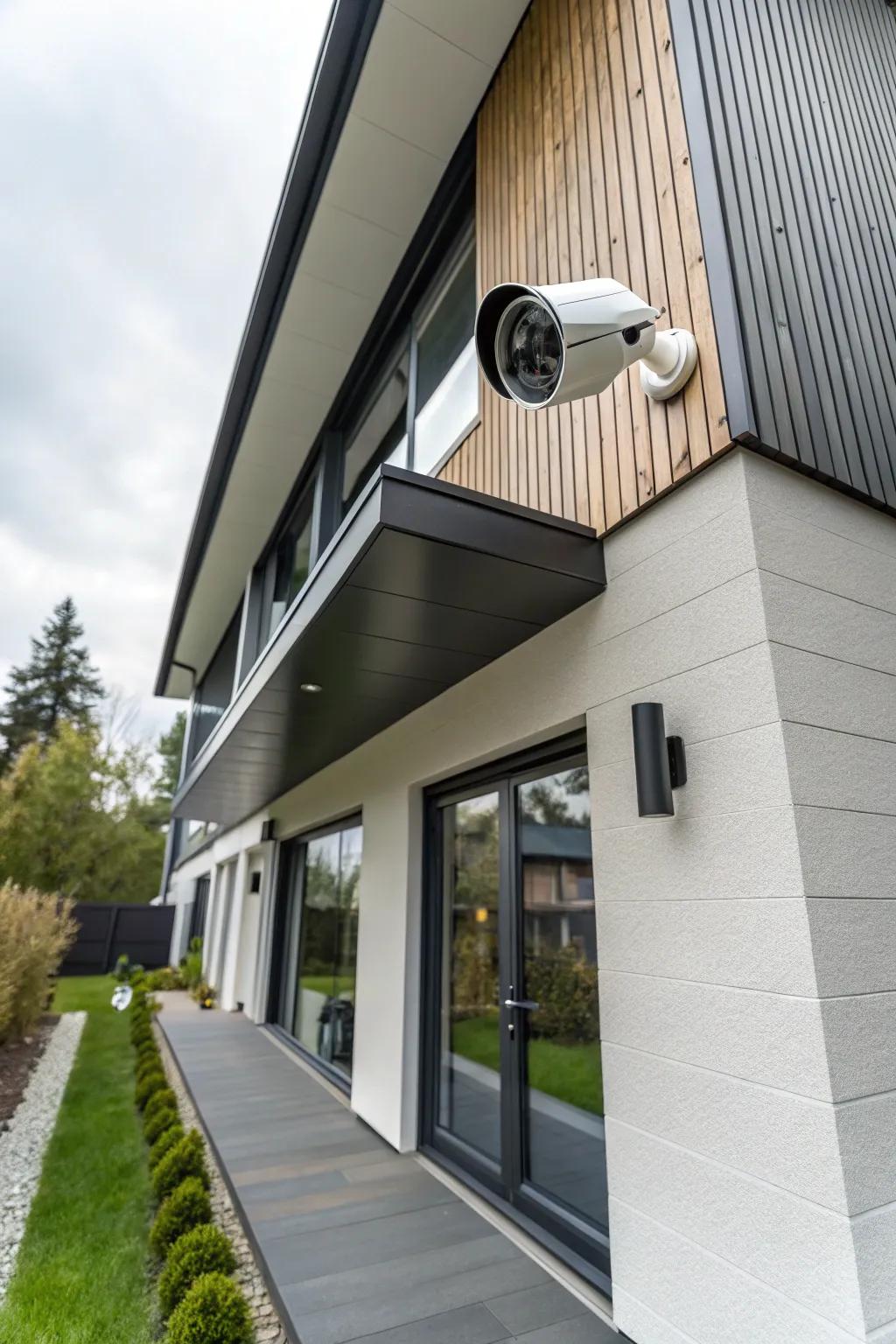 A smart security camera discreetly integrates into a home’s exterior, providing continuous surveillance.