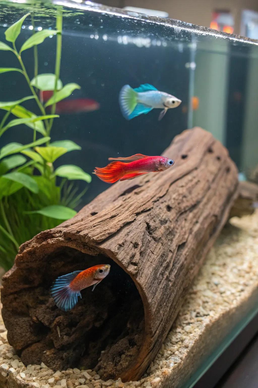 Floating logs offer a flexible lounging area for bettas.