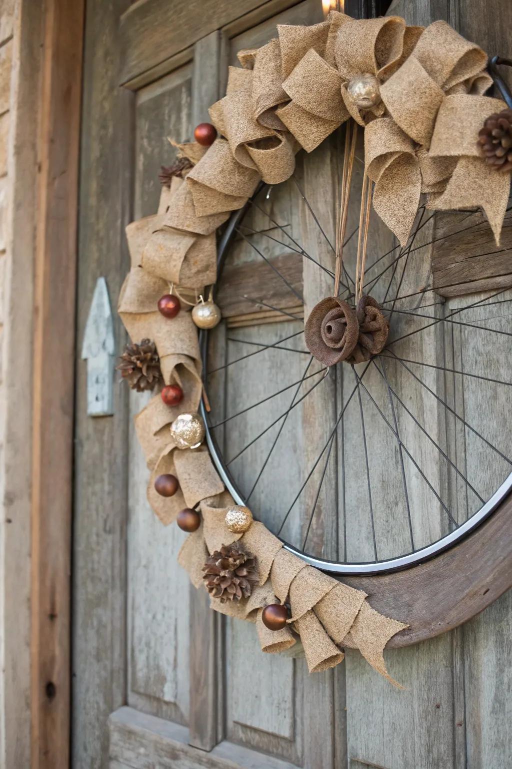 A charming rustic bicycle wreath adorned with burlap and timber accents.