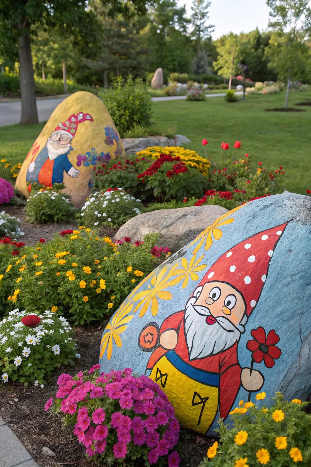 Enhance your garden's charm with whimsical small people on rocks.