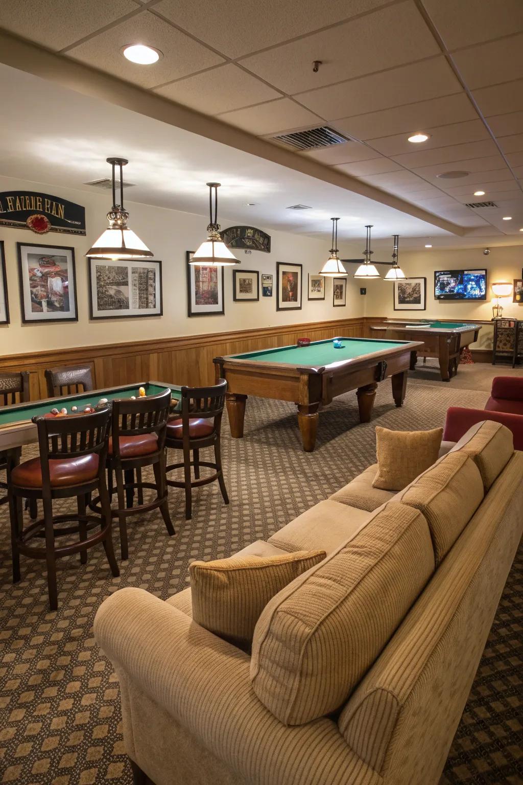 Comfortable seating choices create an inviting billiards room.