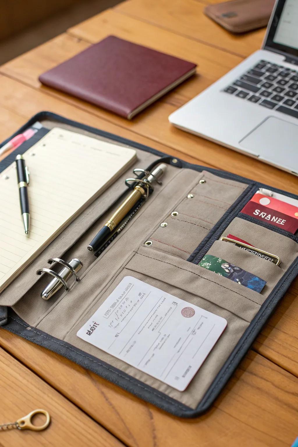 Binder equipped with pockets for convenient storage.