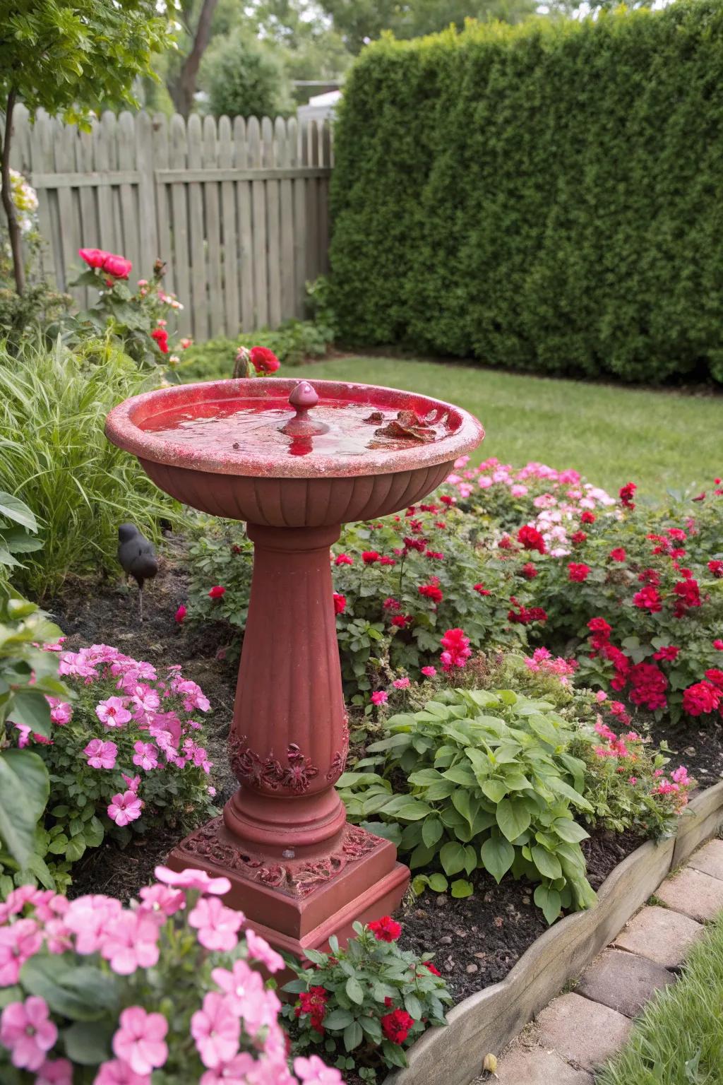 A striking red bird bath amidst a sea of pink and red blossoms, greeting hummingbirds.