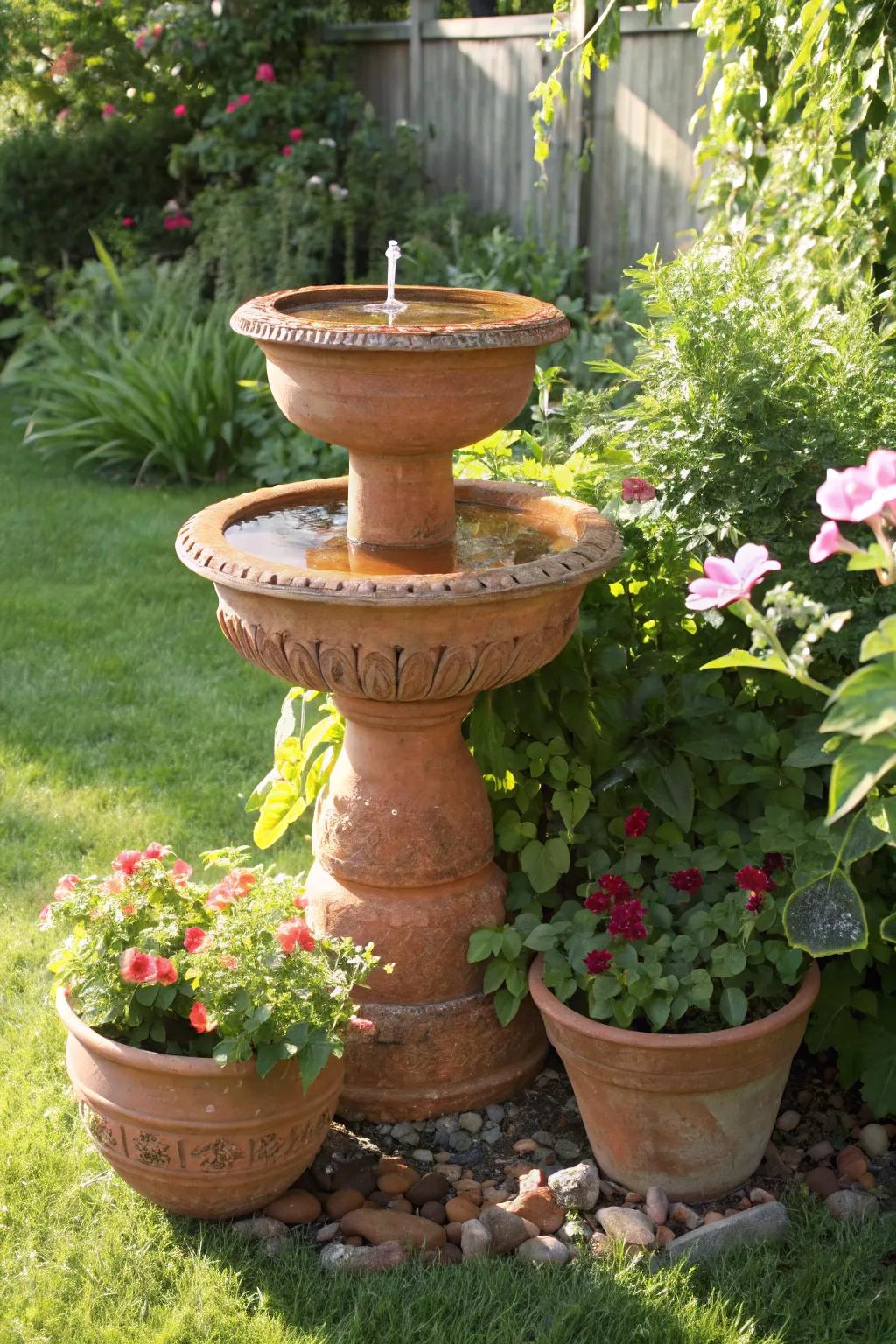Tiered earthenware pots make for an inviting bird bath.