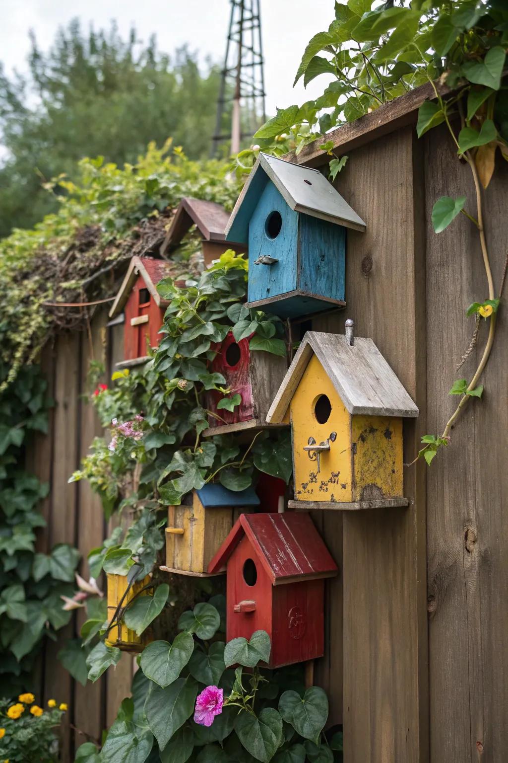 An enchanting group of birdhouses cultivates a spirited community on a fence.