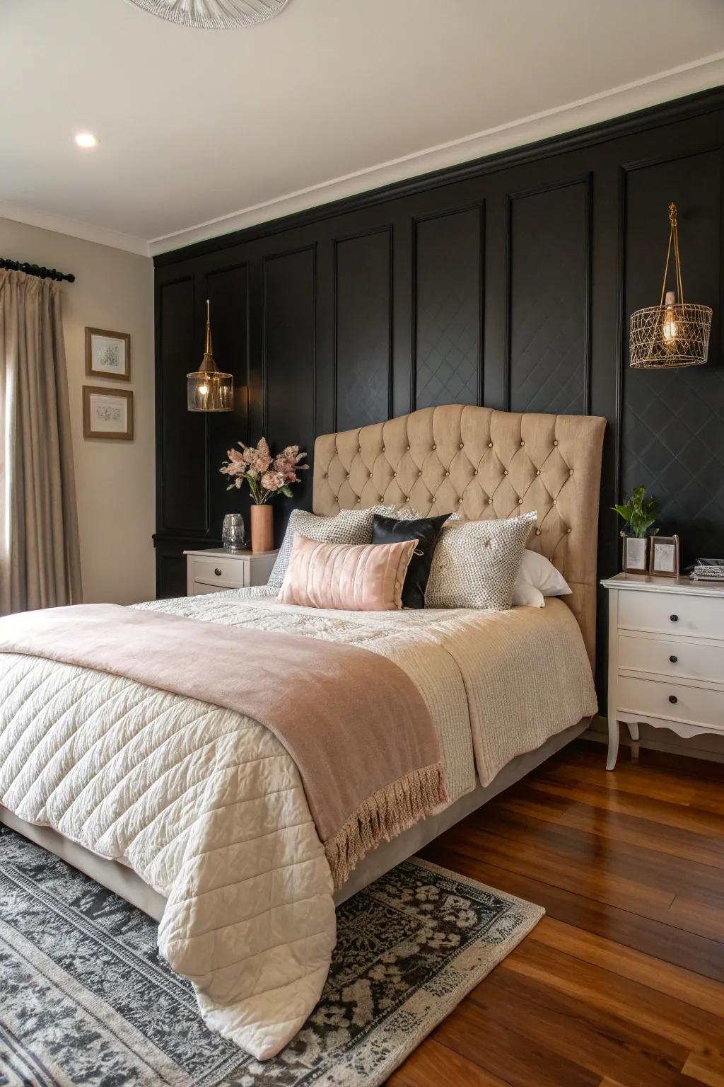 A cozy bedroom with a black accent wall that highlights the elegant headboard and soft bedding.