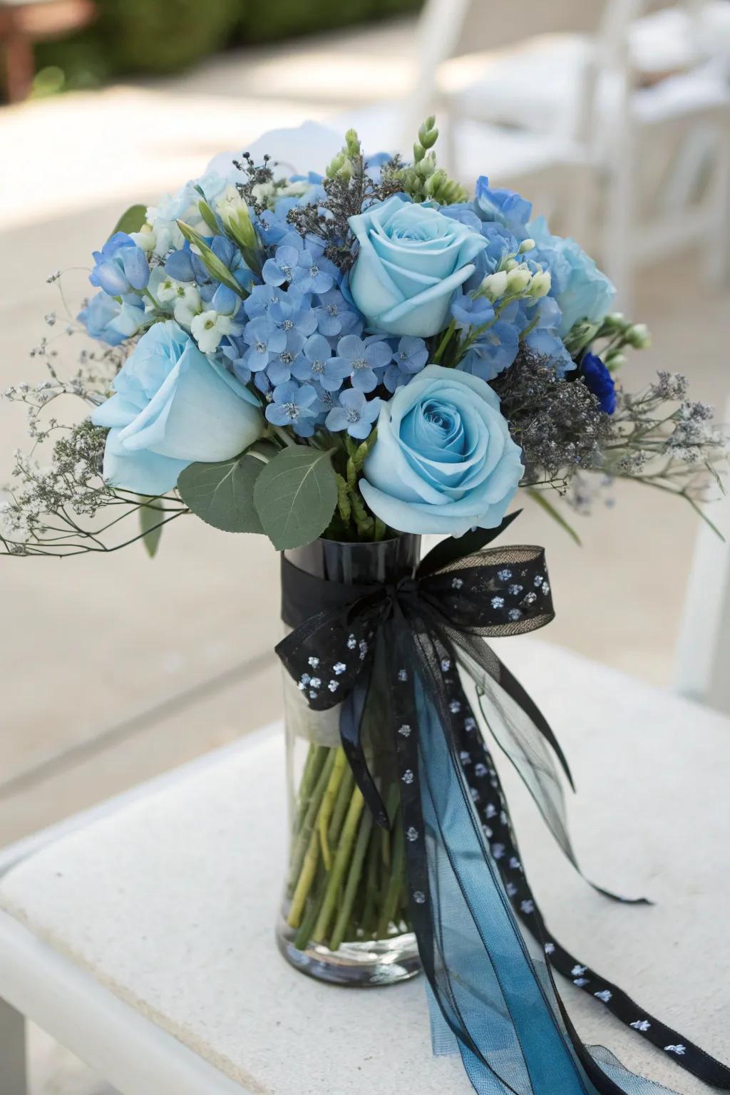 Blue blooms paired with black accents create stunning floral arrangements.