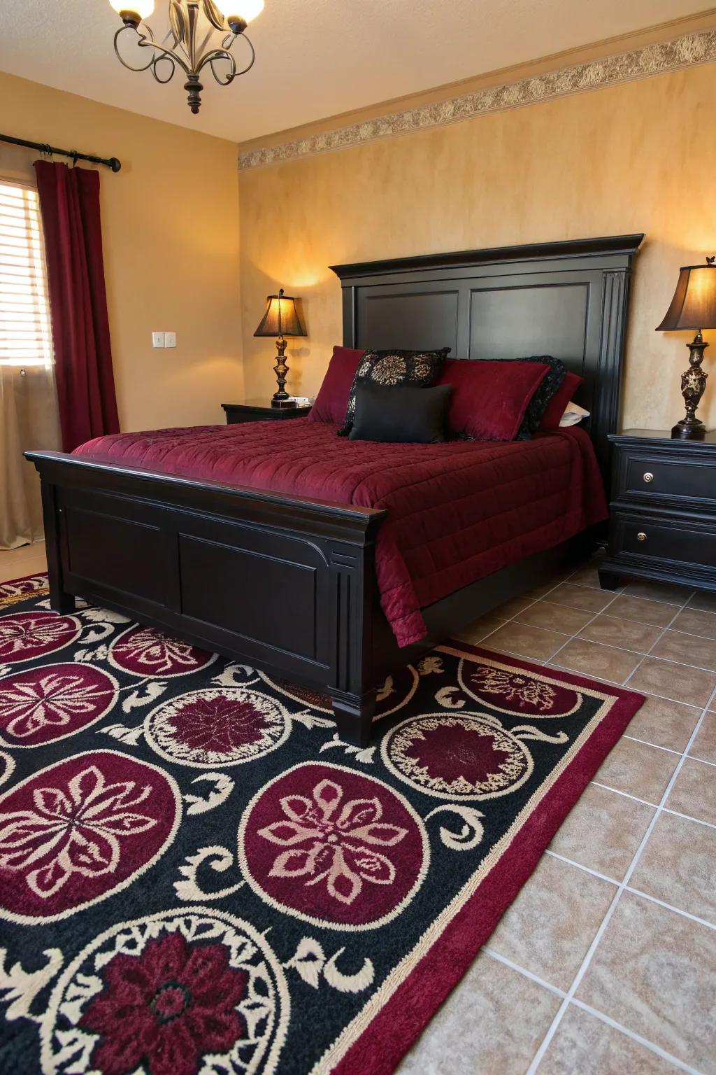 An textured rug featuring ebony and maroon injects visual interest and connects the area together.