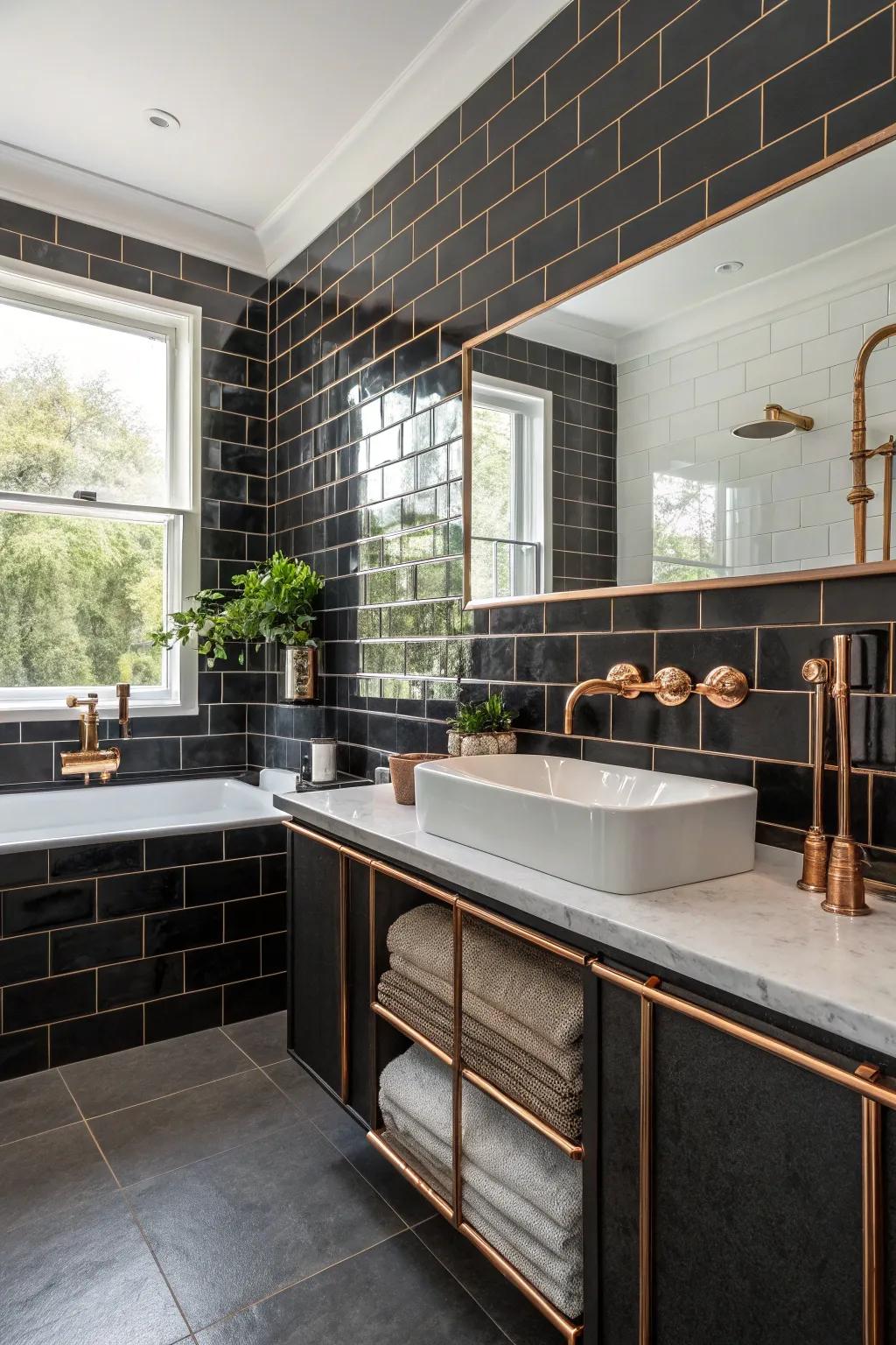 A blend of textures heightens the elegance of black and copper.