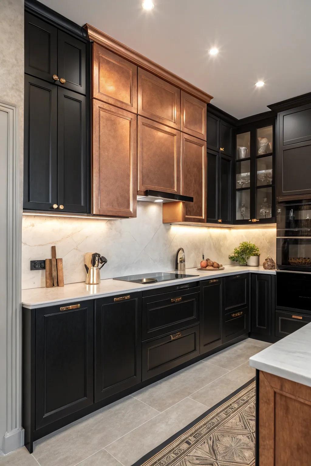 The blend of black and copper cabinets results in a lively kitchen design.