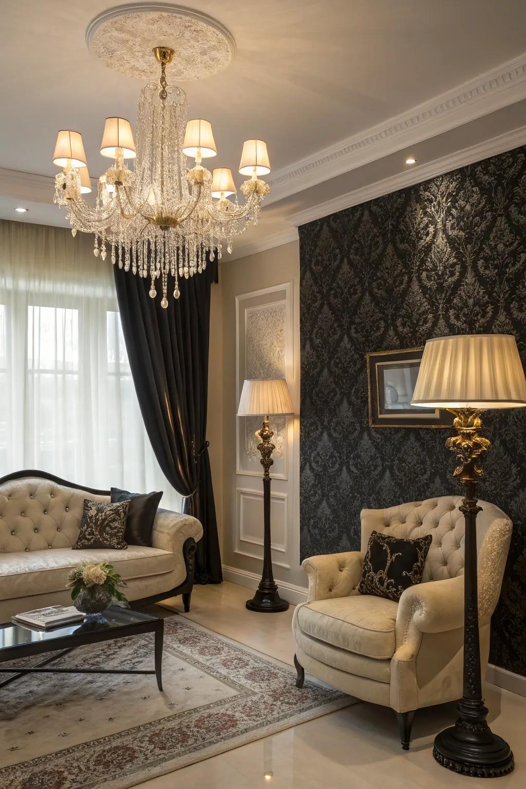 An eye-catching chandelier and trim floor lamp highlight the elegance of an ebony and ivory living space.