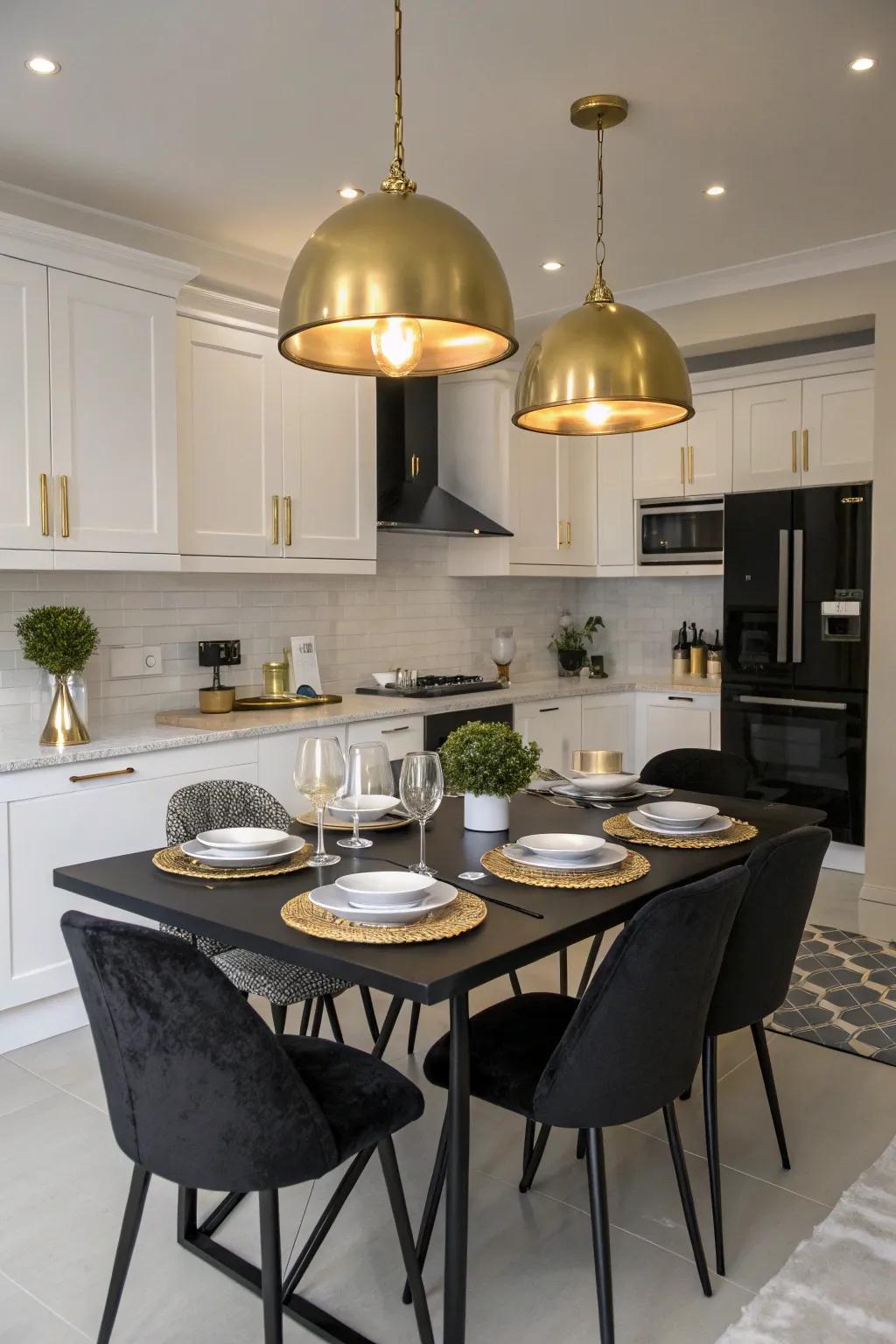 Gilded drop lighting adds warmth and elegance.