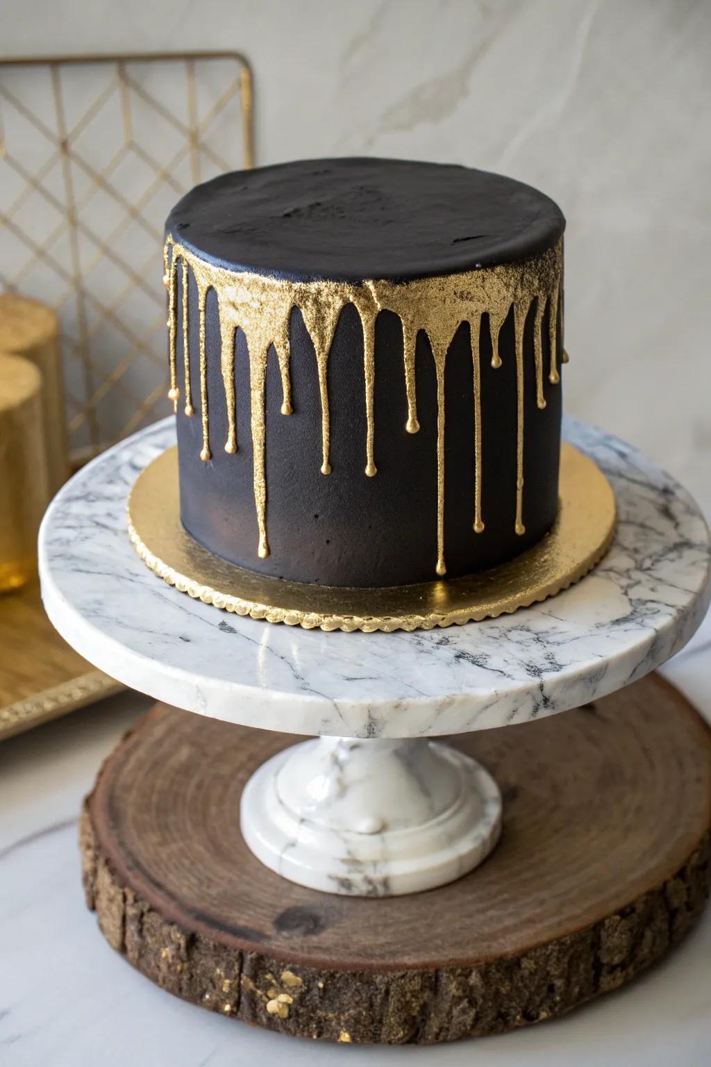 Playful gold drips add a lively touch to this elegant black cake.