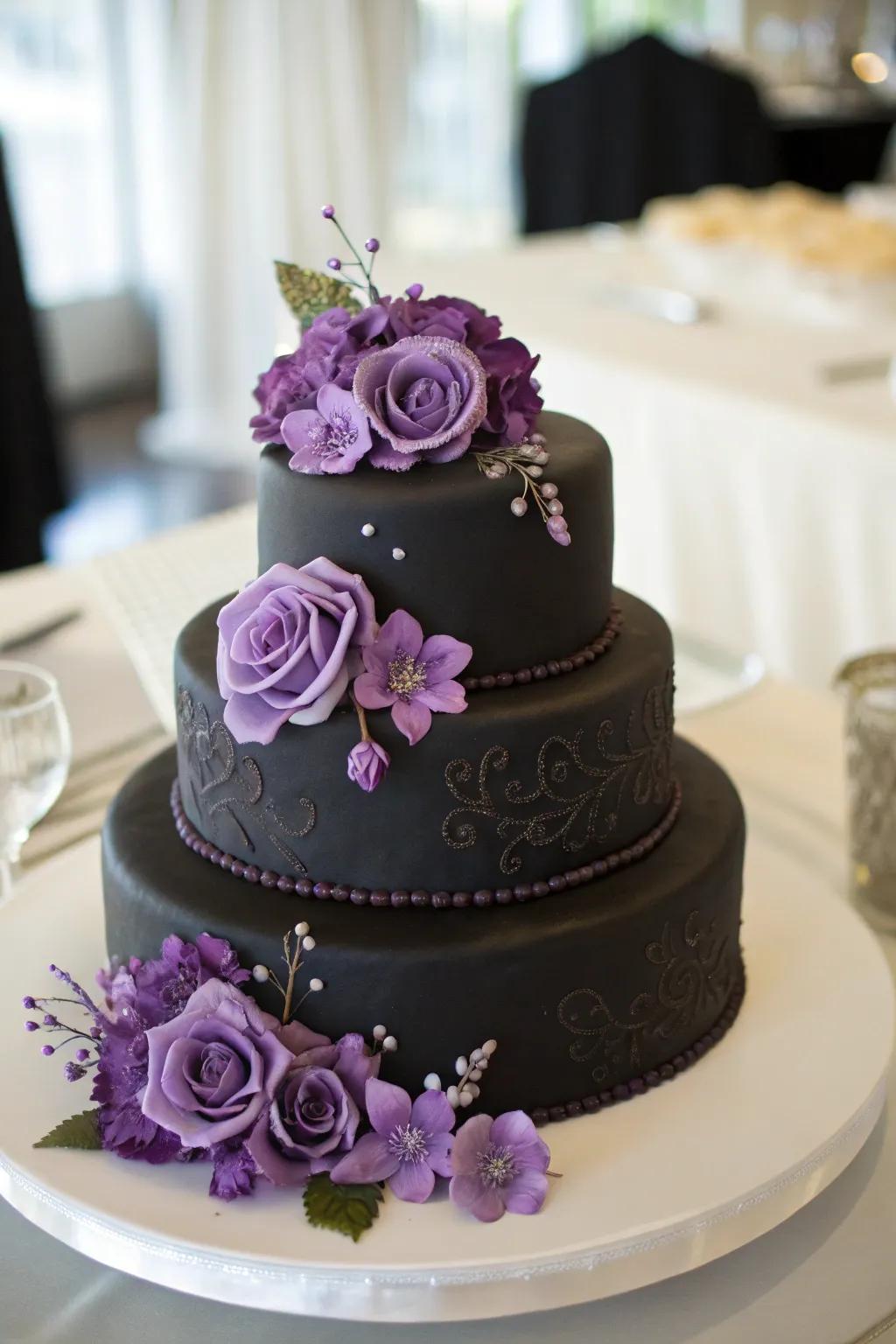 A dramatic wedding cake with midnight fondant and lavender floral accents.