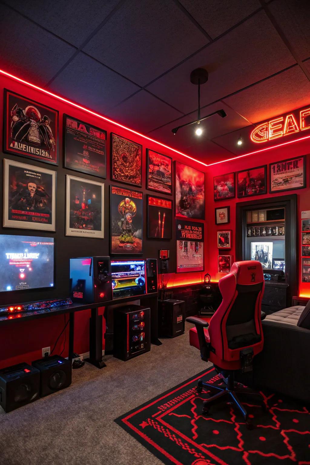Gaming-themed wall art in red and black adds a personalized feel to the setup.