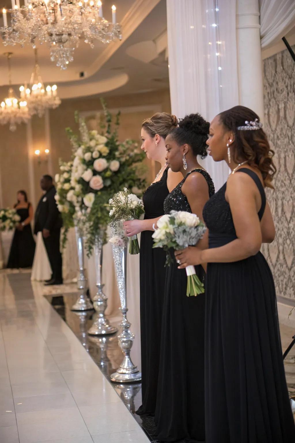 Chic bridesmaid outfits in coal and shimmer.