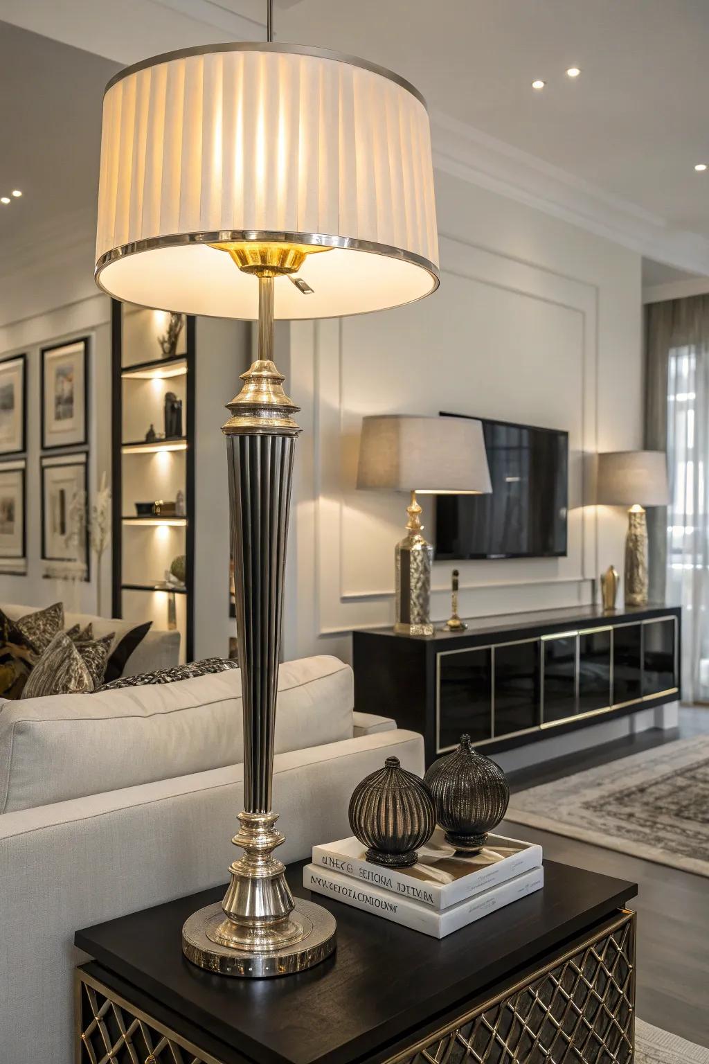 A living area with sophisticated modern lighting that enhances the monochrome palette.
