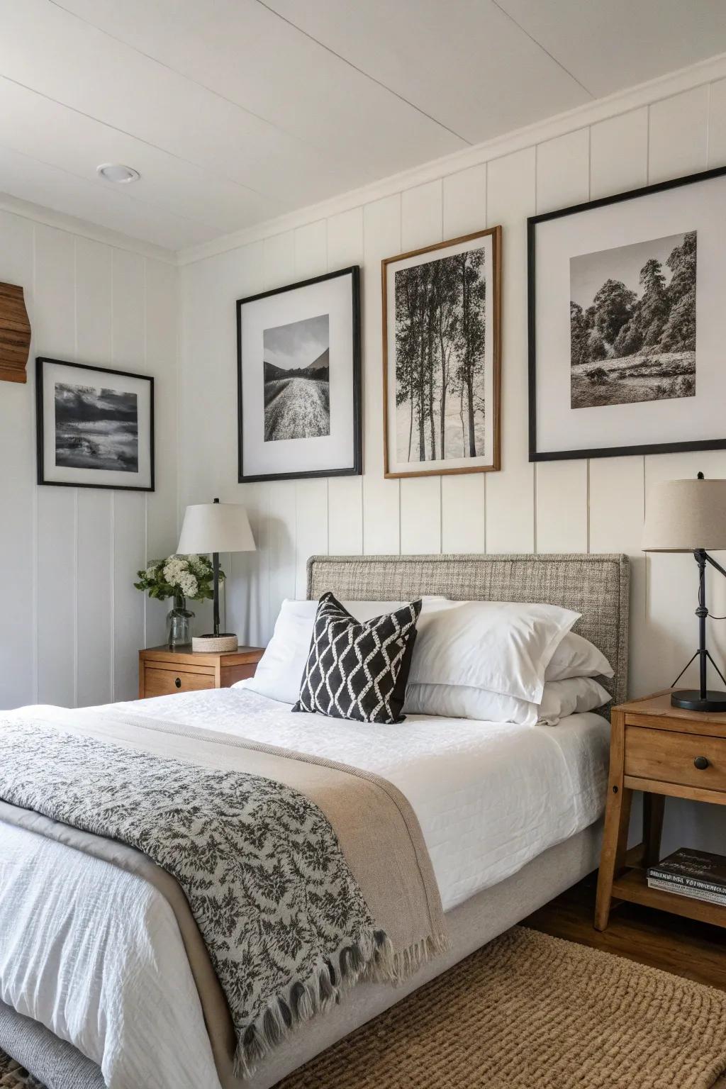 Monochrome art pieces amplify the sophistication of your bedroom.