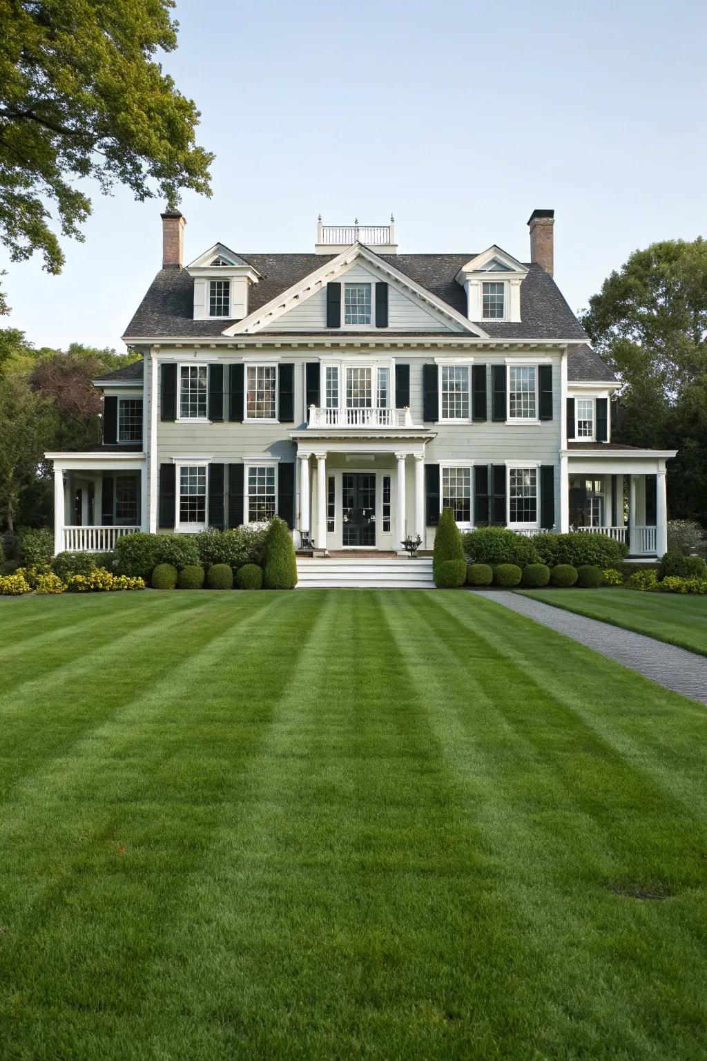 A Colonial-style dwelling with symmetrical black and white details.