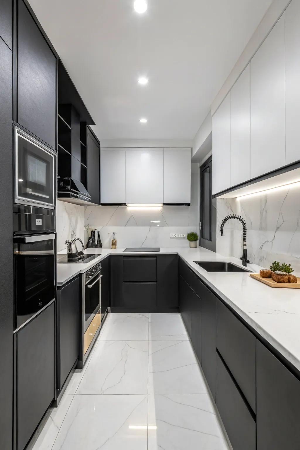 Crisp lines and a simple design define this black and white kitchen.