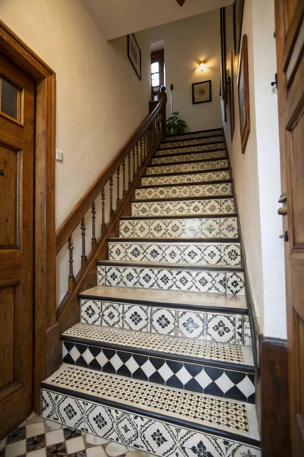 A traditional staircase featuring classic black and white patterns for timeless elegance.
