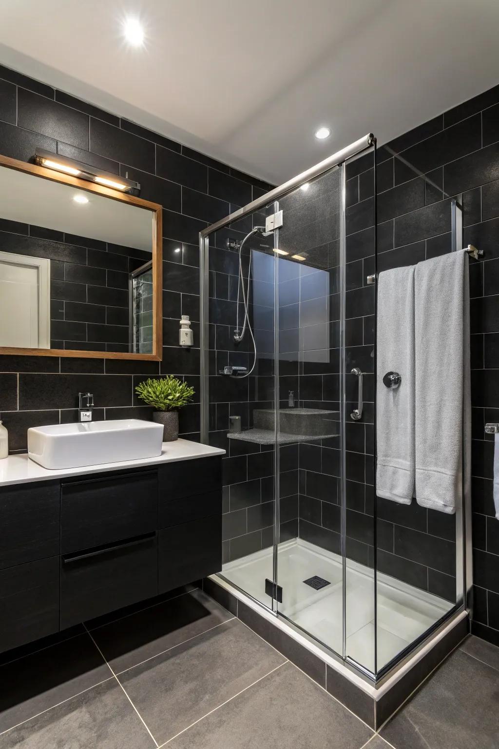 Translucent elements infuse a modern touch into dark restroom designs.