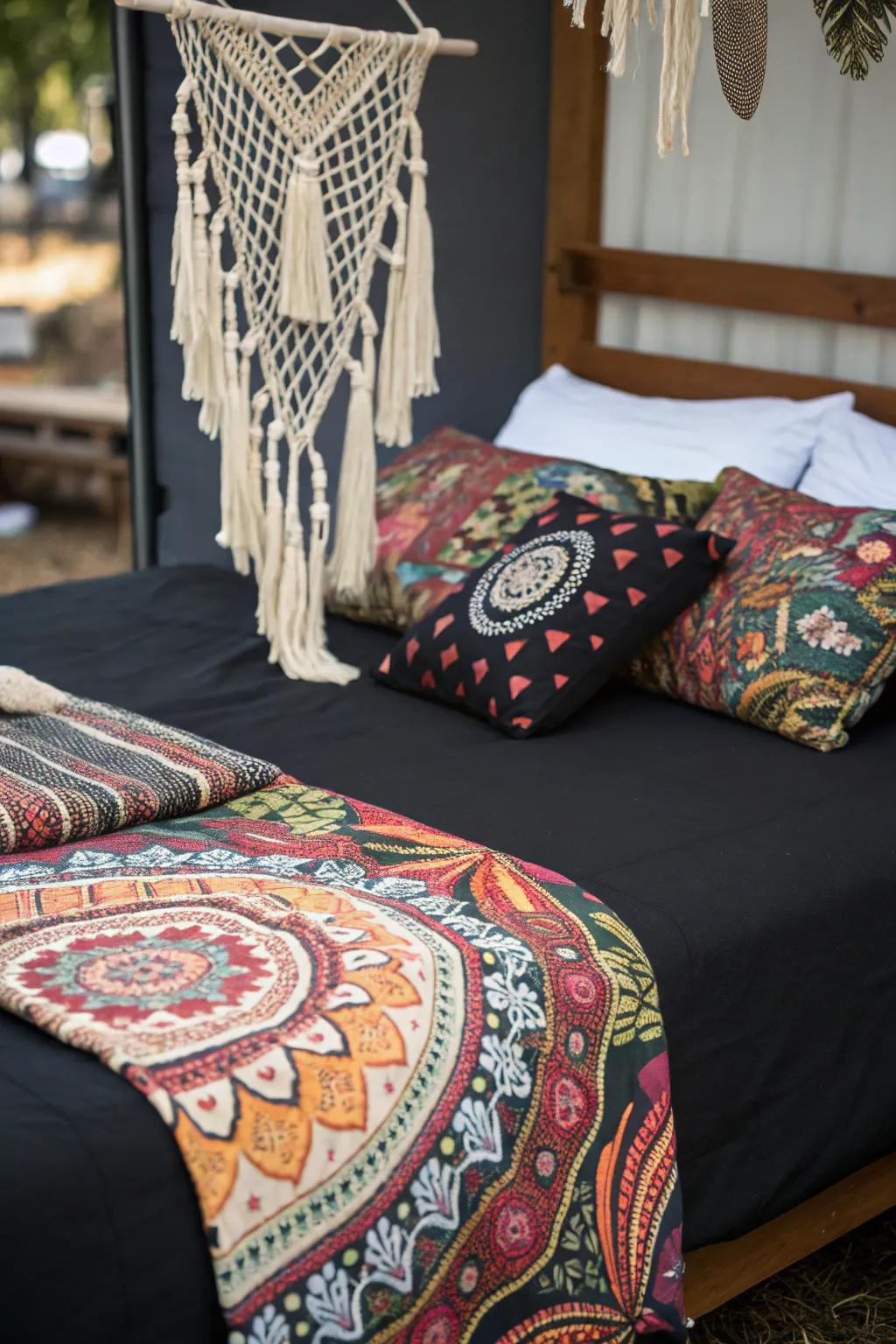 Adding a bohemian touch to black bedding.