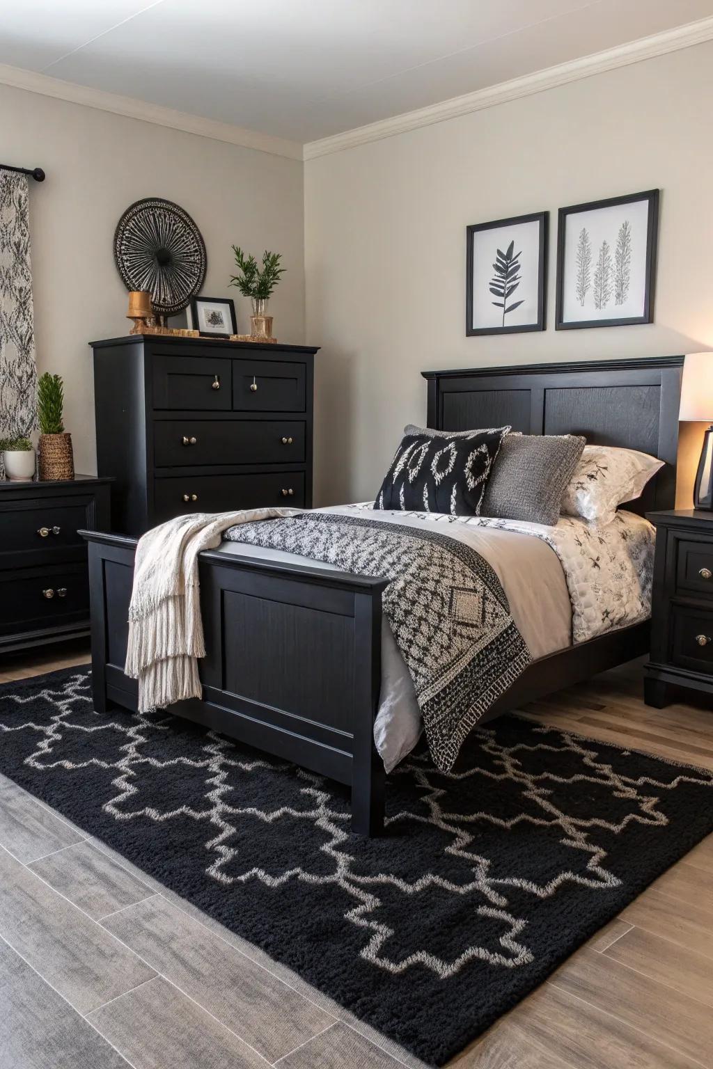 A textured masterpiece featuring dark furnishings and layered materials.