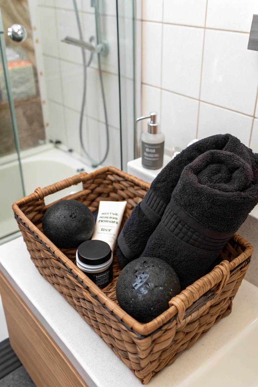 Indulge in a spa day with this luxurious dark basket.