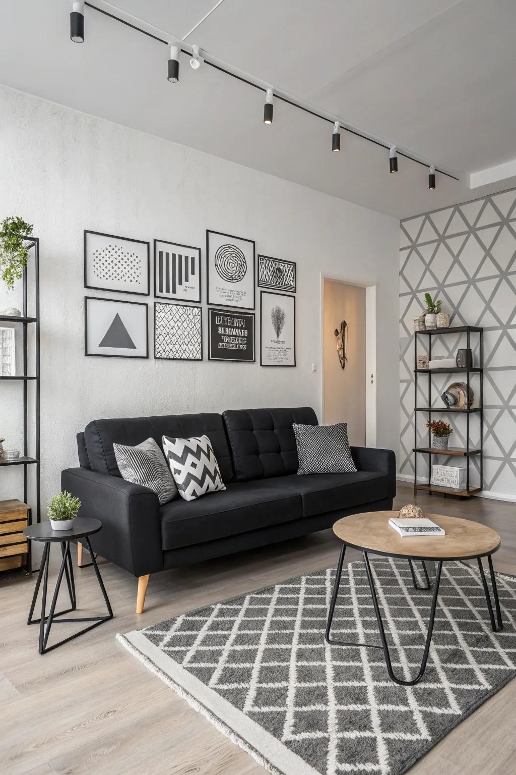Sleek modern minimalism with a dark-toned sofa.