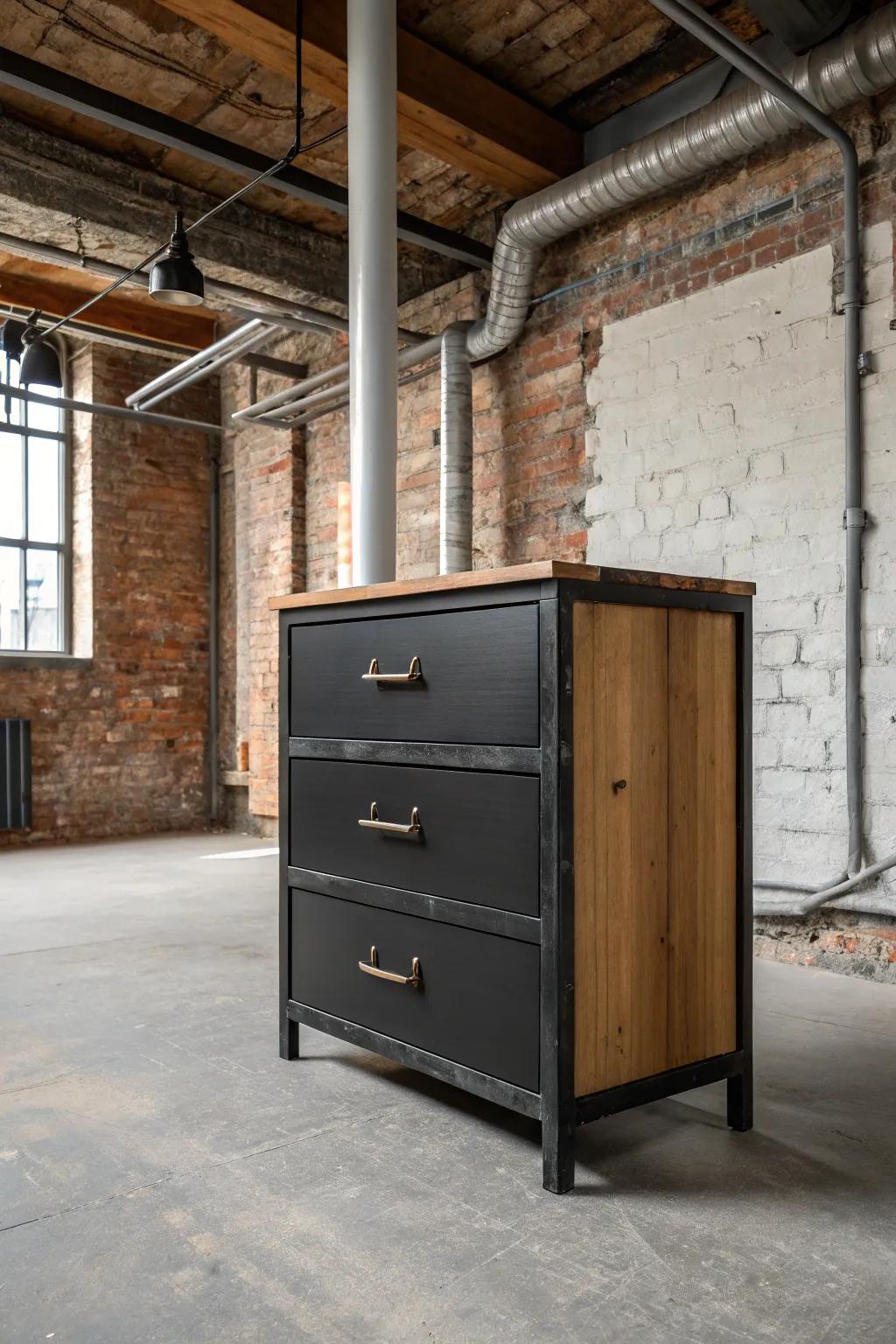 A black dresser in an industrial-style setting with metal and wood elements.