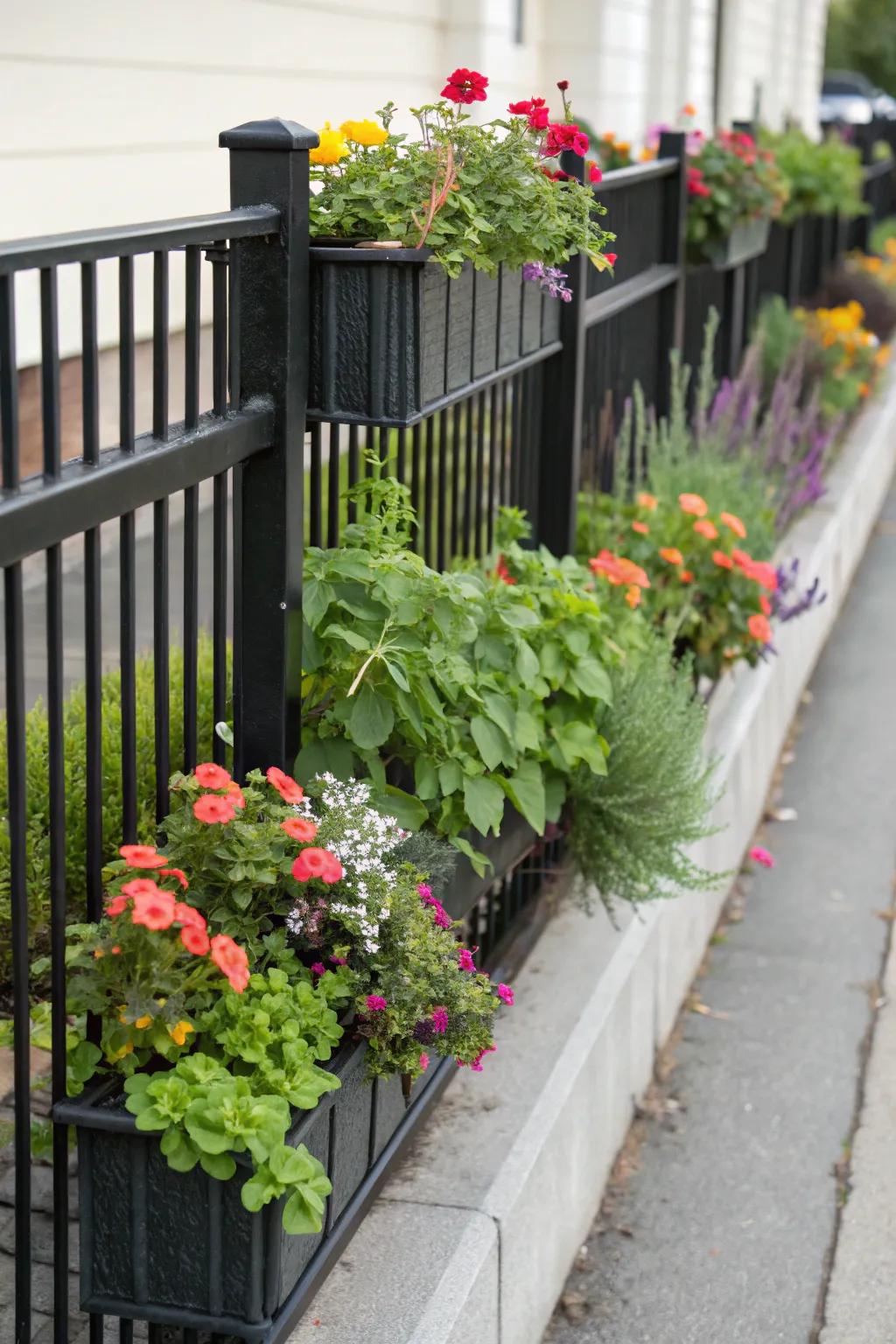 Integrated flower beds in a black fence create a lush vertical garden.