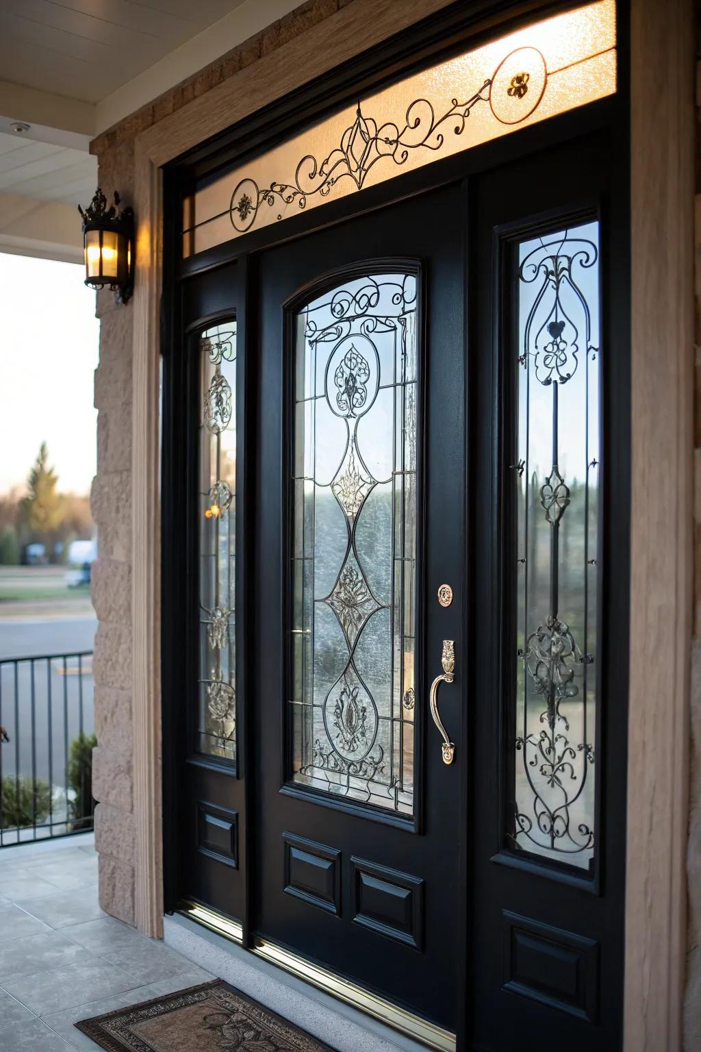 A streamlined dark-toned door showcasing elegant glass panes.