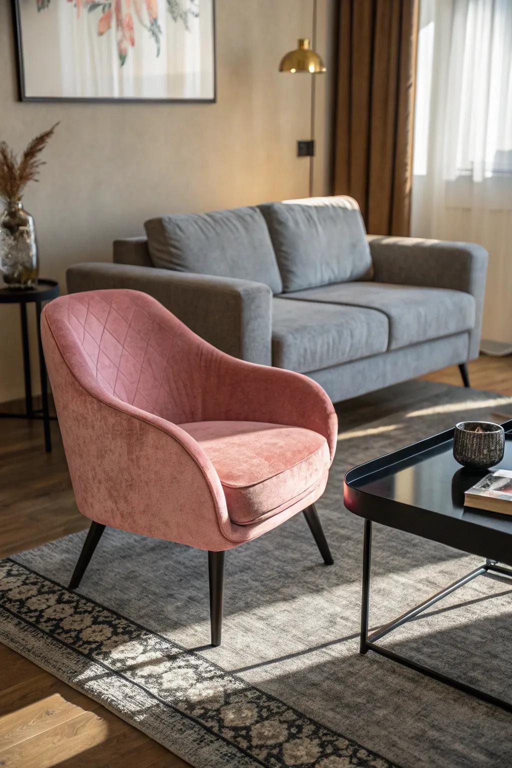 Velvet accents bring a luxurious feel to the living room.