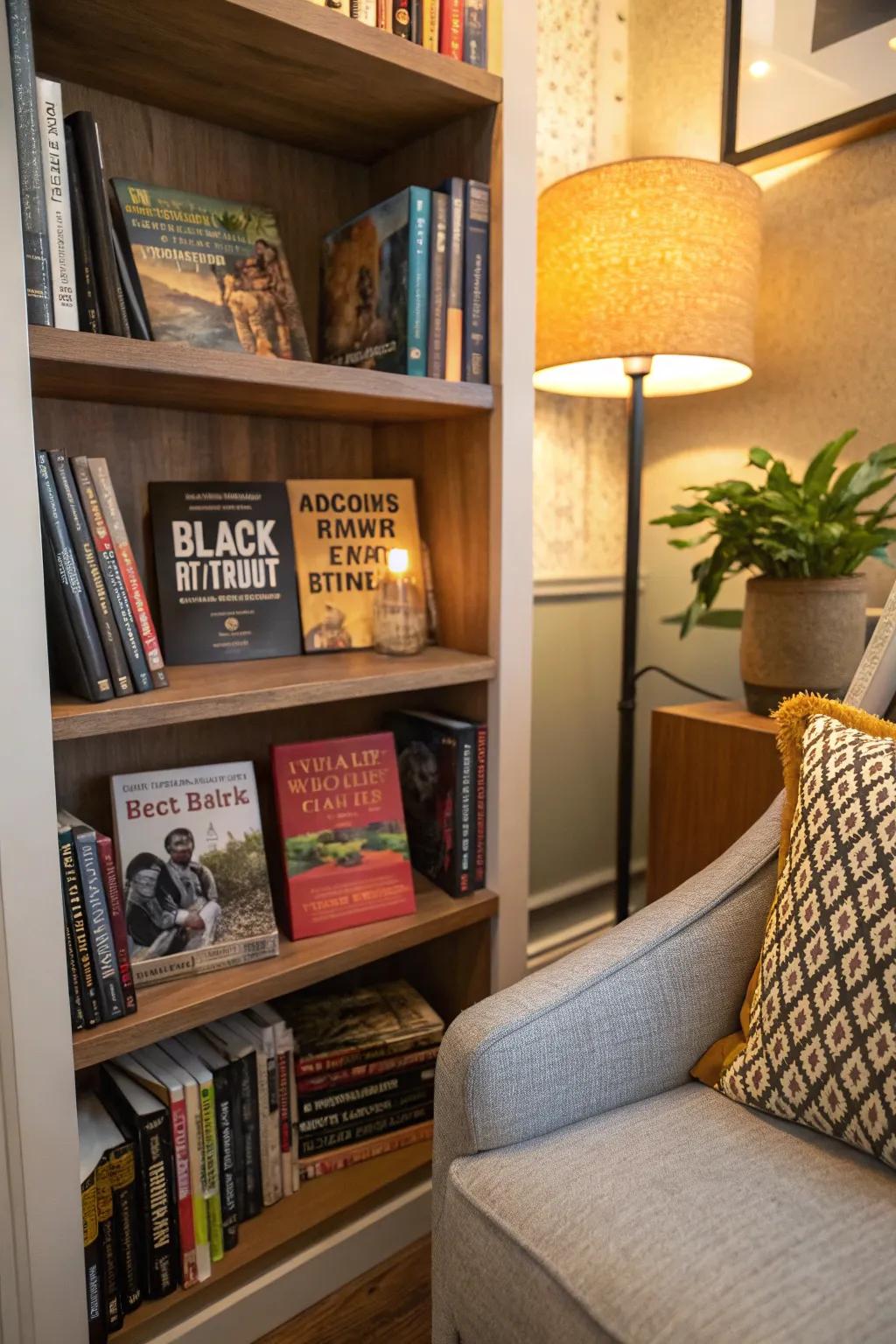 A bookshelf showcasing literature focused on Black empowerment.
