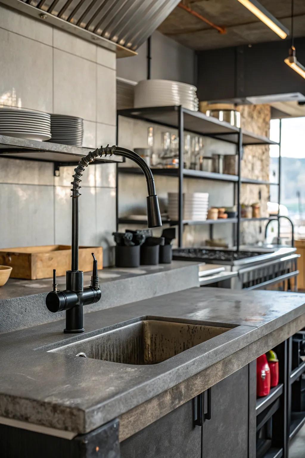 Industrial elements paired with a dark tap create a daring kitchen statement.