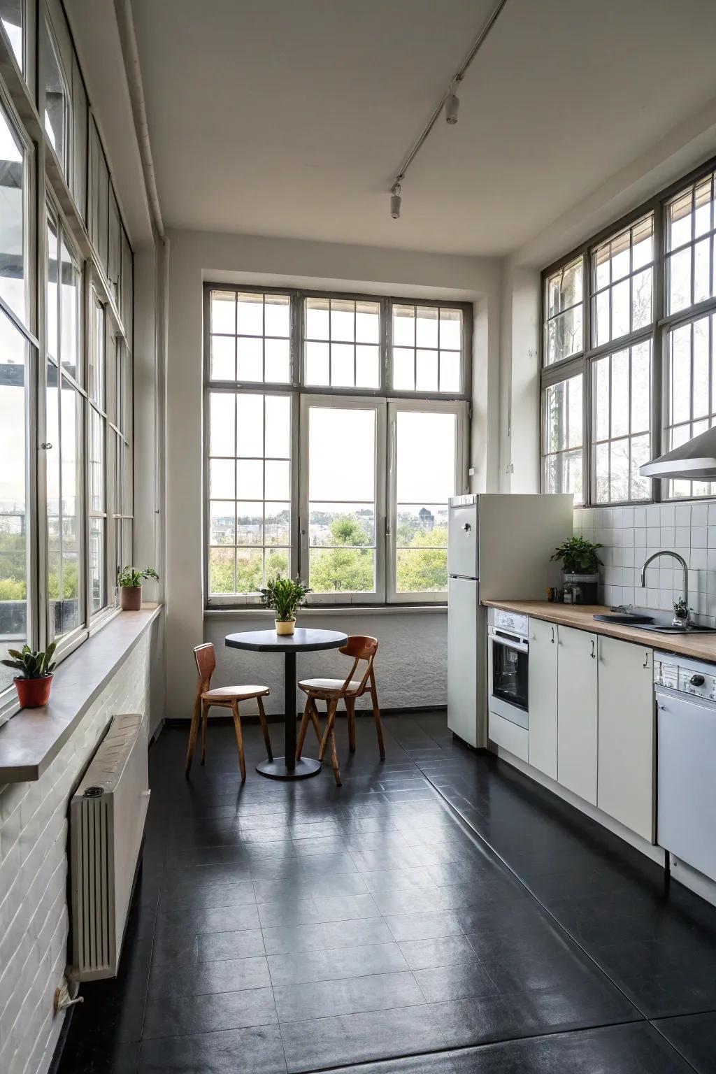 A minimalist kitchen with ink flooring that accentuates simplicity and refinement.