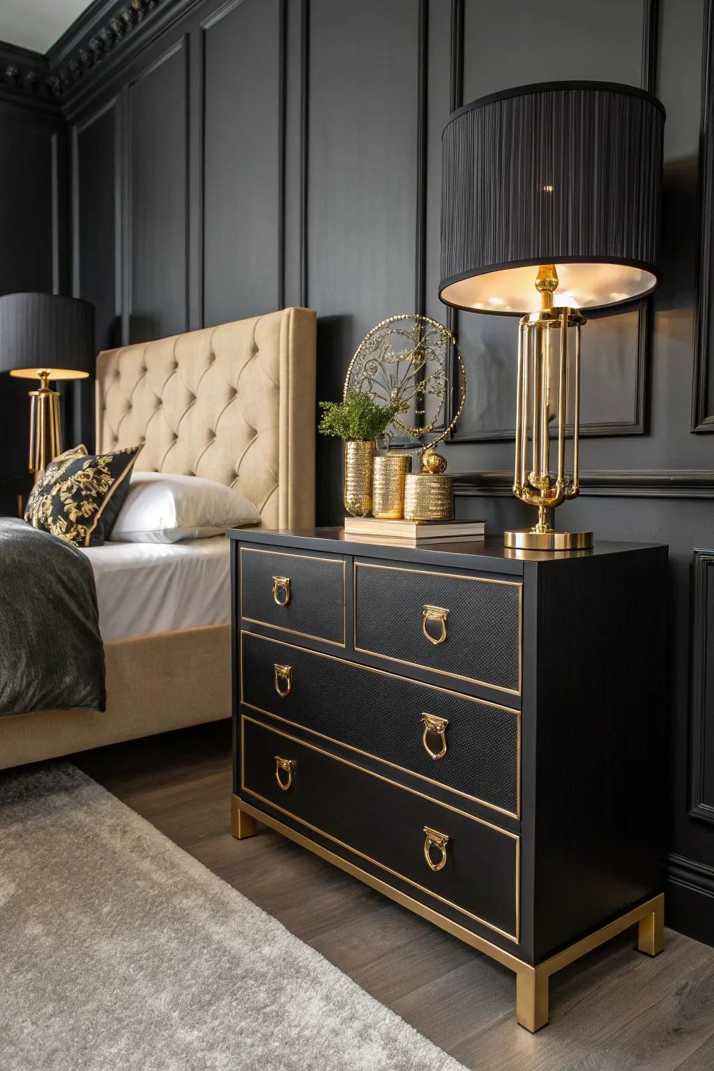 Metallic accents deliver a hint of elegance to a black themed bedroom.