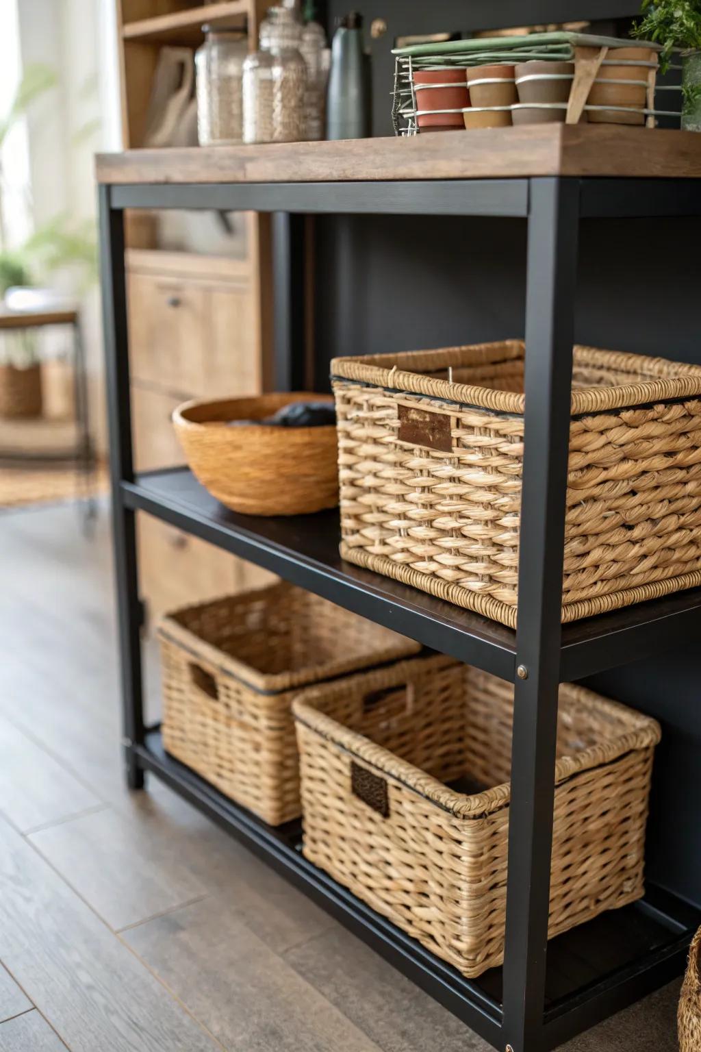 Wicker containers atop a dark shelf, blending practicality with visual charm.