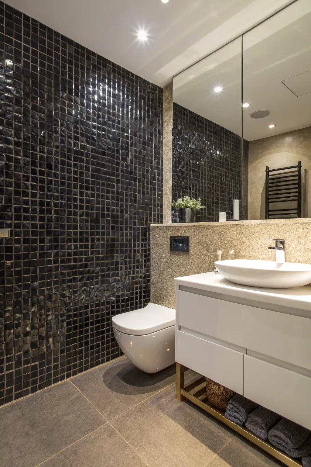 A feature wall with black mosaic tiles adds texture and visual appeal.