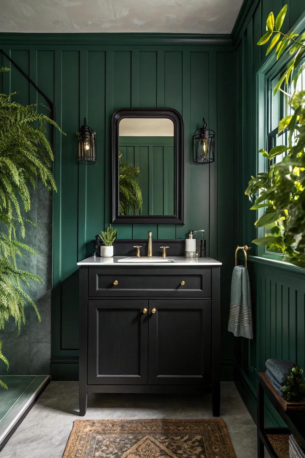 Rich forest-colored walls with dark sink cabinets create a tranquil and sophisticated feel.